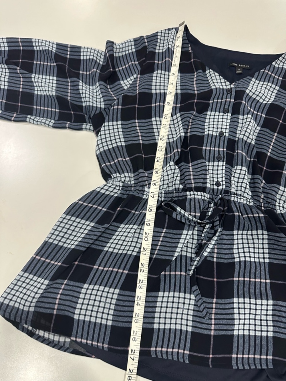 Lane Bryant Navy and Light Blue Plaid V-Neck Button Front Top - Picture 4 of 4